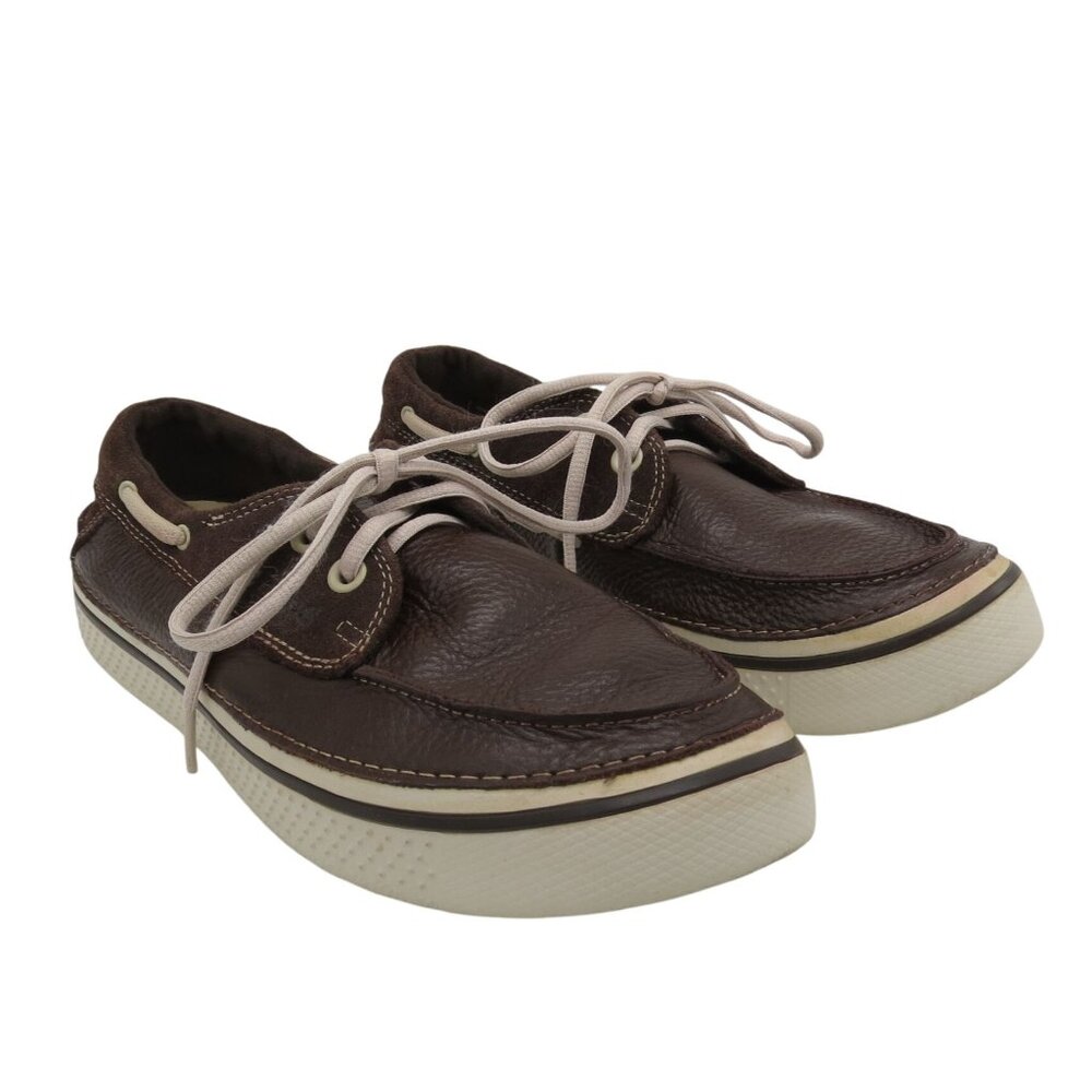 CROCS Men's Dark Brown Pebbled Leather Boat Shoes Size 9